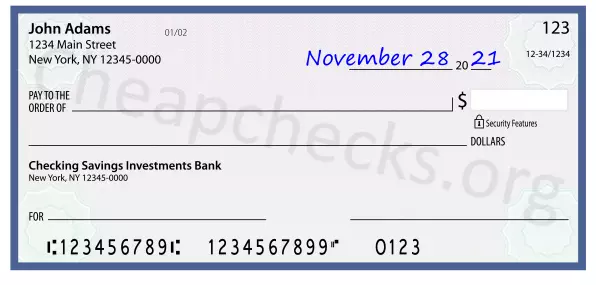 November 28, 2021 date filled out on a check