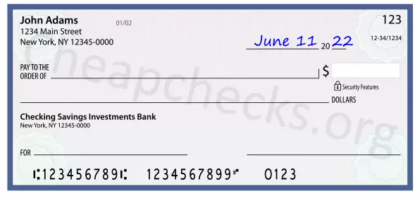 June 11, 2022 date filled out on a check