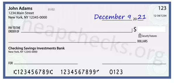 December 9, 2021 date filled out on a check