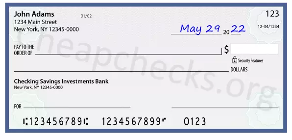May 29, 2022 date filled out on a check