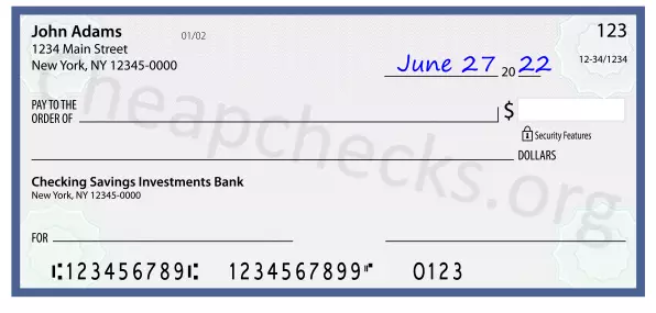 June 27, 2022 date filled out on a check