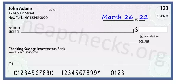 March 26, 2022 date filled out on a check
