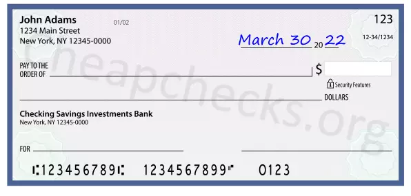 March 30, 2022 date filled out on a check