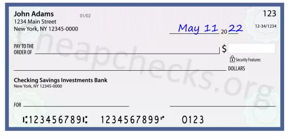 May 11, 2022 date filled out on a check