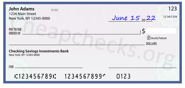 June 15, 2022 date filled out on a check