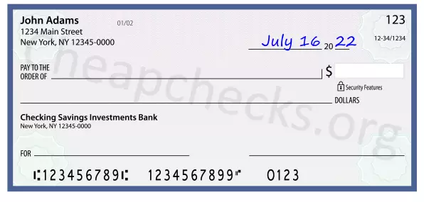 July 16, 2022 date filled out on a check
