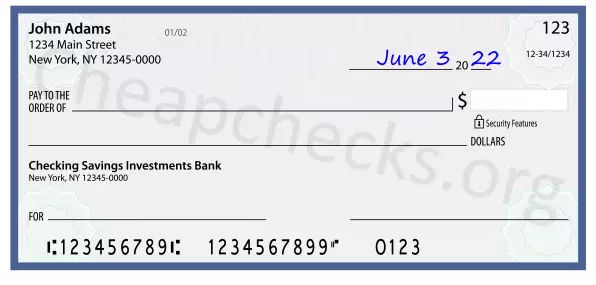 June 3, 2022 date filled out on a check