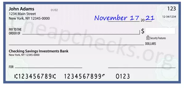 November 17, 2021 date filled out on a check
