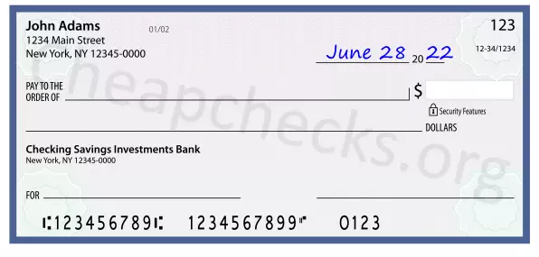 June 28, 2022 date filled out on a check