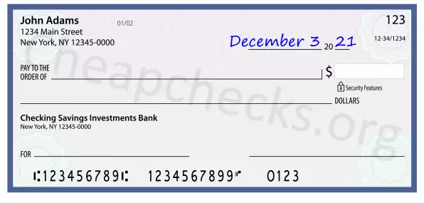 December 3, 2021 date filled out on a check