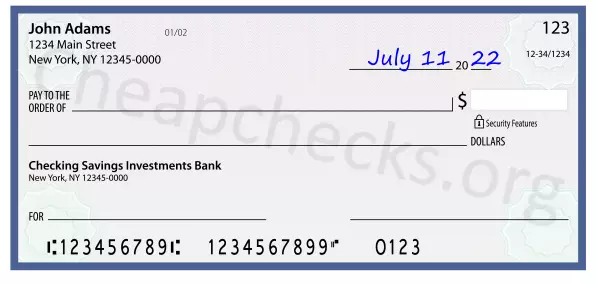 July 11, 2022 date filled out on a check