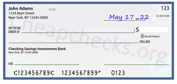 May 17, 2022 date filled out on a check