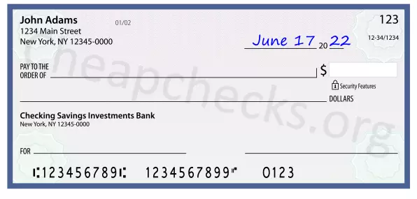 June 17, 2022 date filled out on a check