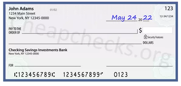 May 24, 2022 date filled out on a check