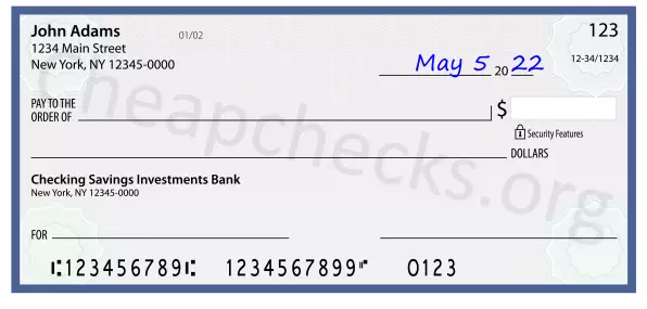 May 5, 2022 date filled out on a check