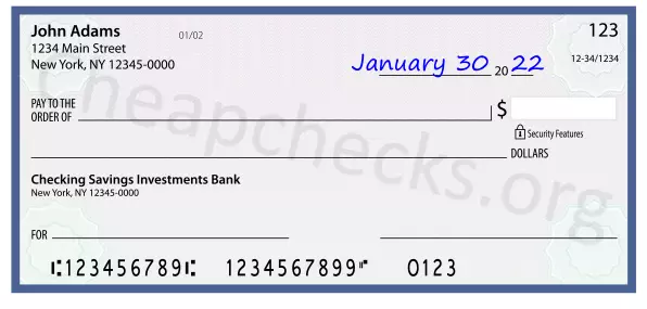 January 30, 2022 date filled out on a check