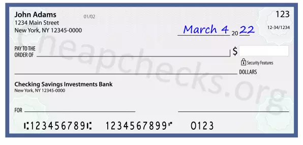 March 4, 2022 date filled out on a check