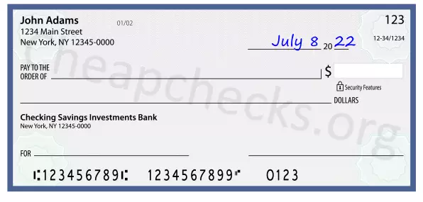 July 8, 2022 date filled out on a check